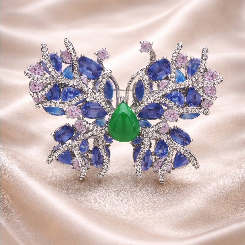 Whimsical Butterfly Blue Green Gem Brooch